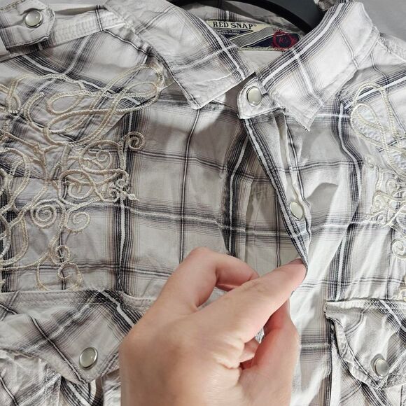 Vintage cyber grunge plaid grey white button up - Picture 4 of 5